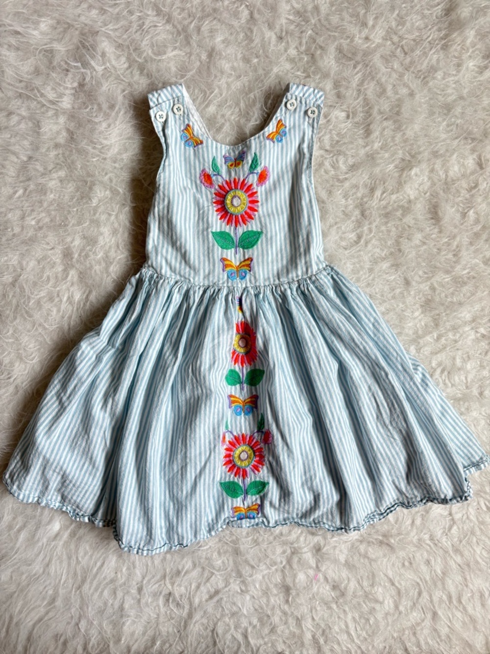 Mini Boden Preppy Light Blue Striped Dress with Colorful Floral Embroidery